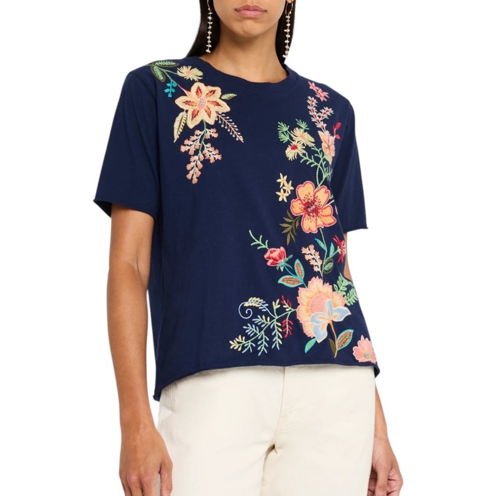 Johnny Was Ishani Navy Blue Tee Short Floral Embroidered Cotton Shirt Top NEW